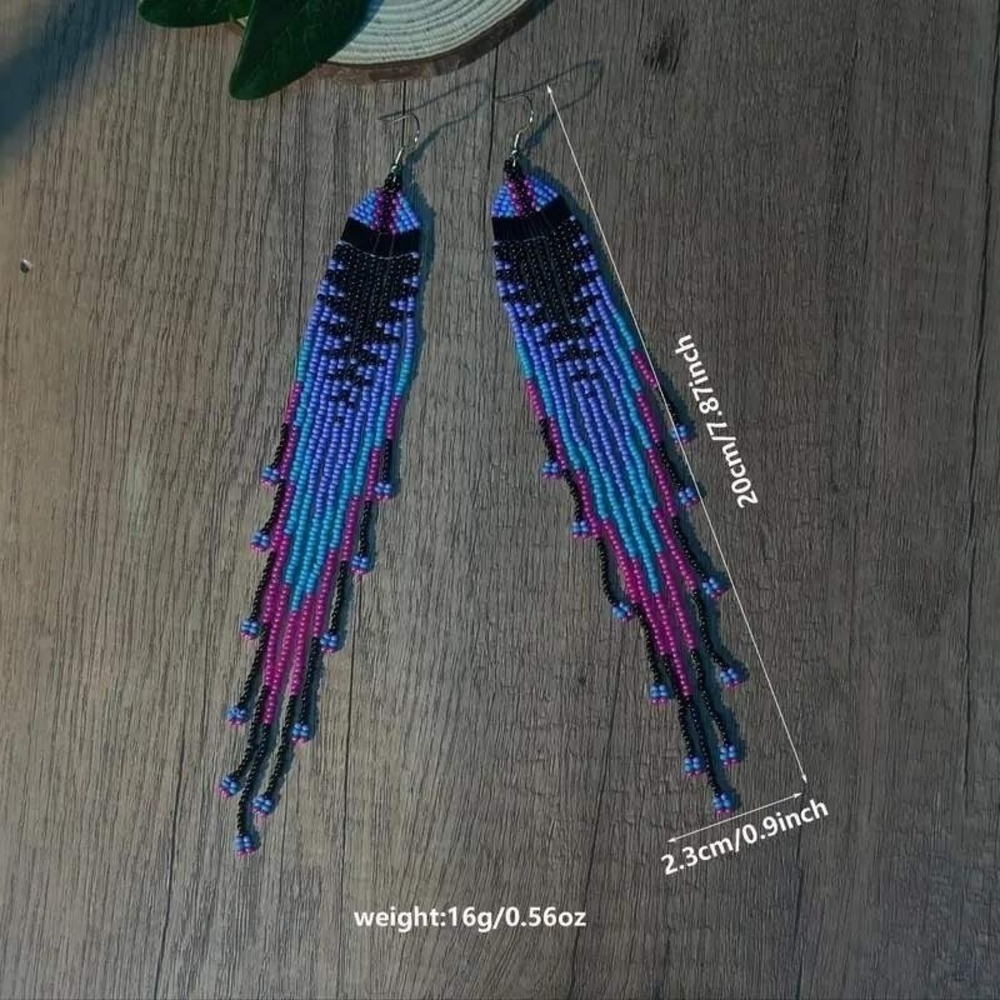 Handcrafted Pink, Purple & Turquoise Beaded Fringe Earrings NWOT NEVER WORN - Picture 3 of 3